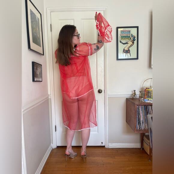 60s Vintage Sheer Red Nylon Three piece babydoll set - Picture 2 of 7